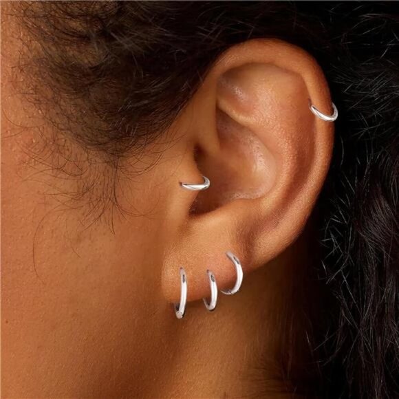 5 Pairs Small Silver Hoop Earrings Set for Women Men, Cute Silver Huggie - Picture 4 of 4